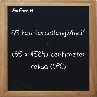 Cara konversi ton-force(long)/inci<sup>2</sup> ke centimeter raksa (0<sup>o</sup>C) (LT f/in<sup>2</sup> ke cmHg): 85 ton-force(long)/inci<sup>2</sup> (LT f/in<sup>2</sup>) setara dengan 85 dikalikan dengan 11584 centimeter raksa (0<sup>o</sup>C) (cmHg)